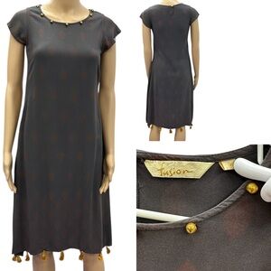Fusion Viscose Gray with Gold Tassels and Beads Short Cap Sleeve Dress Sz Small
